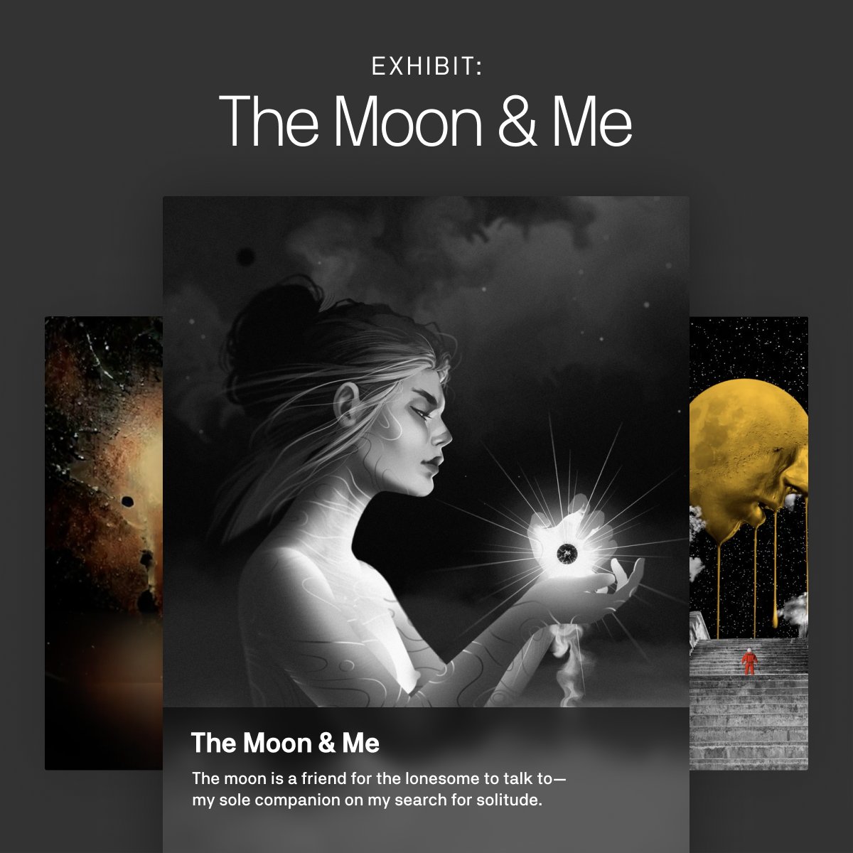🌔  Introducing this week’s exhibit, “The Moon &amp; Me” featuring gorgeous artworks from:

<a href="/charlieojuarez/">Charlie Orellana // Aephicles</a> <a href="/Reva_fyw/">Reva Fan</a> <a href="/edsanjay/">ed1920.eth ll CloneX17707</a> <a href="/AcidButton/">Gian Guinizzelli🍌</a> <a href="/Gray4Mask/">𝓖𝓻𝓪𝔂𝓜𝓪𝓼𝓴</a> @NftBox <a href="/jayndart/">Jay 🎭 ジェリー</a> @DebbieHdigital <a href="/humdrumson/">Julian Fischer</a> <a href="/BoyaGeorge/">georgeboya 🕵️‍♀️🕵️‍♂️</a> &amp; <a href="/MikkoLyytinen/">Mikko Lyytinen</a>

👇 View the entire exhibit now:
makersplace.com/mpshowcase/dro…