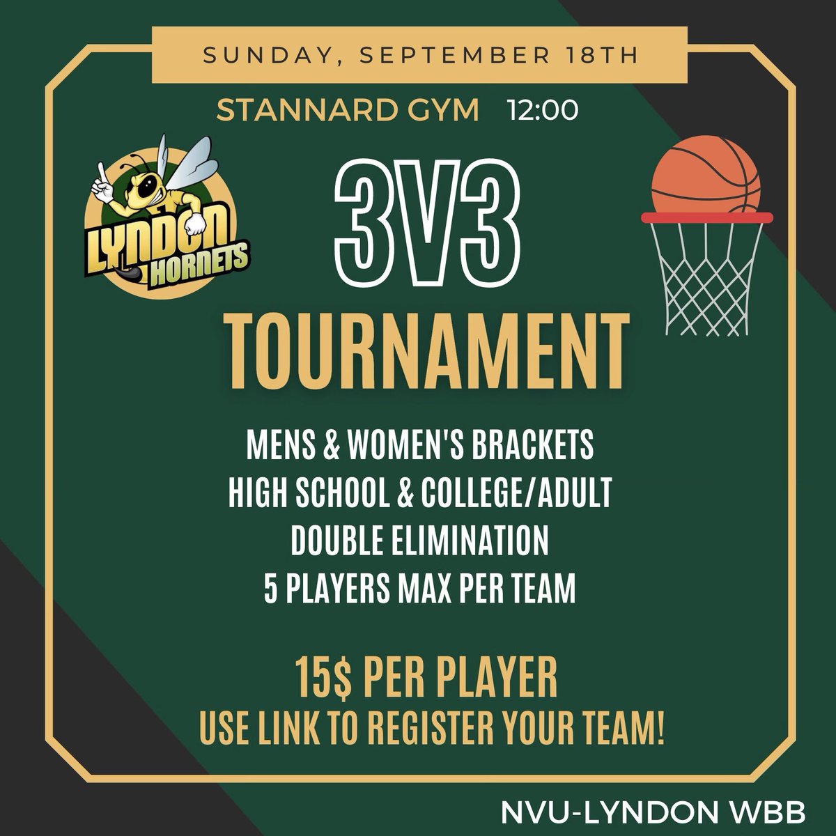 Come one, come all! Join us for a fun filled day of hoops! See below for all the registration information. See you all on the 18th! 🐝🏀 Sign up here: forms.gle/DJHg7n2xZHUYcL…. The deadline to sign up is September 15th. Contact info - email lyndonwbb22@gmail.com.