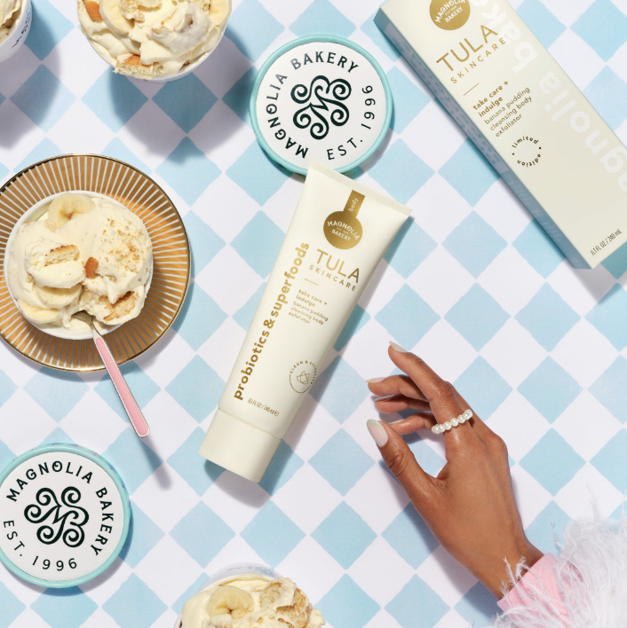 What happens when two iconic NYC brands team up? INTRODUCING: NEW limited-edition @magnoliabakery x TULA Take Care + Indulge Banana Pudding Cleansing Body Exfoliator.🍌✨There’s always a reason to treat yourself. Lather up and get glowing with this skincare-first essential.