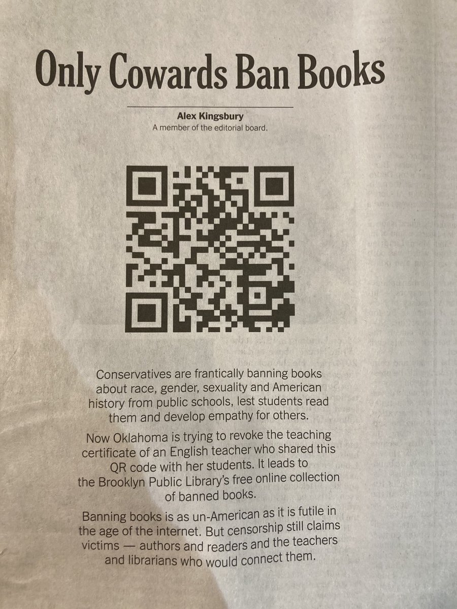 The Brooklyn Public Library is sharing its collection of banned books for all to read for free! See this in The NY Times and check out the link in the QR code!