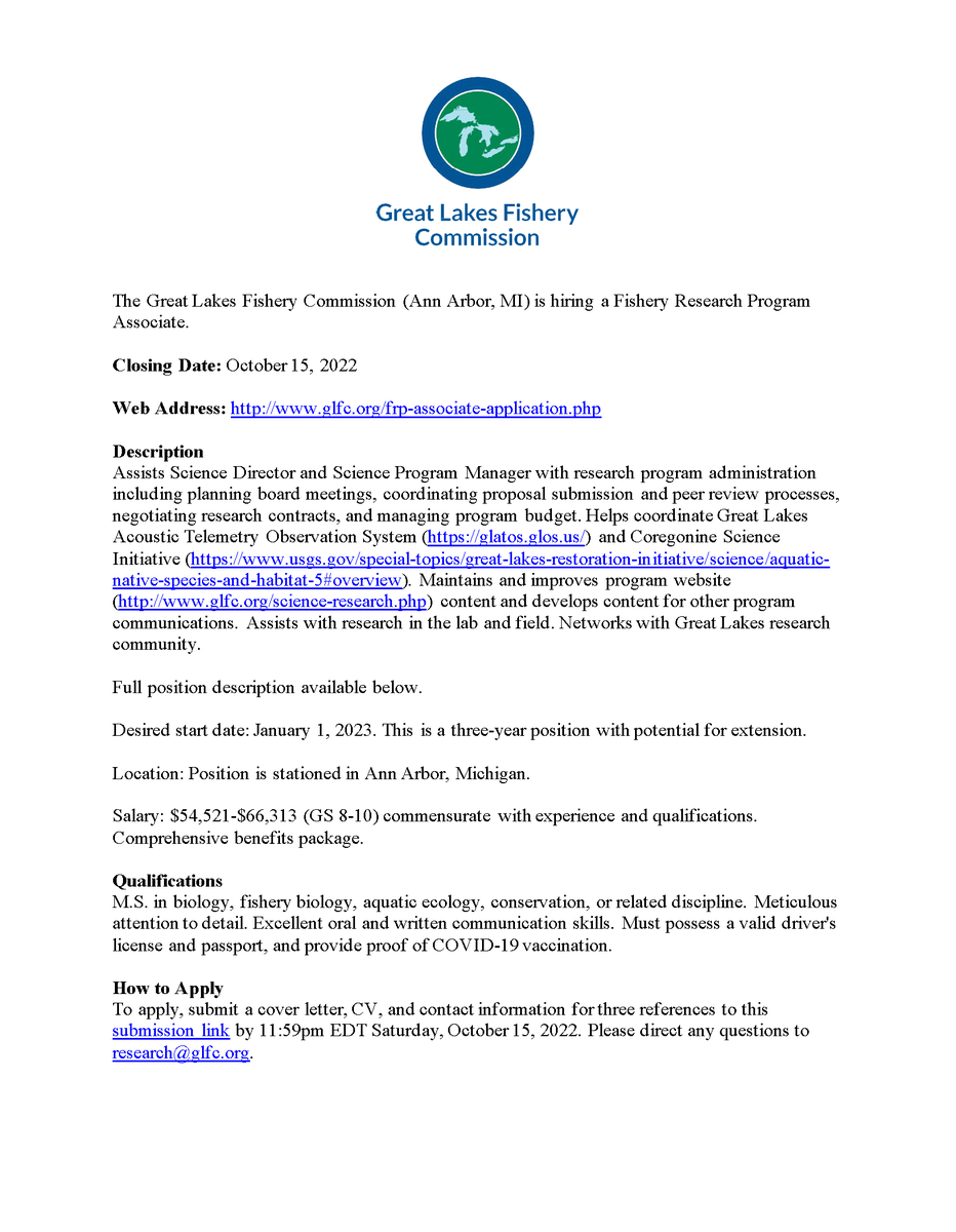 LampreyControl's tweet photo. #GreatLakesJob alert! We are still hiring a Fishery Research Program associate.

- The Job: Coordinate the GLFC's fishery research program
- Qualifications: Master's degree in fishery biology or relevant field
- Pay: $54 - 66k (GS 8-10)

More info &amp; apply: https://t.co/kQq8q49K9z https://t.co/2JTqKRC9Jo