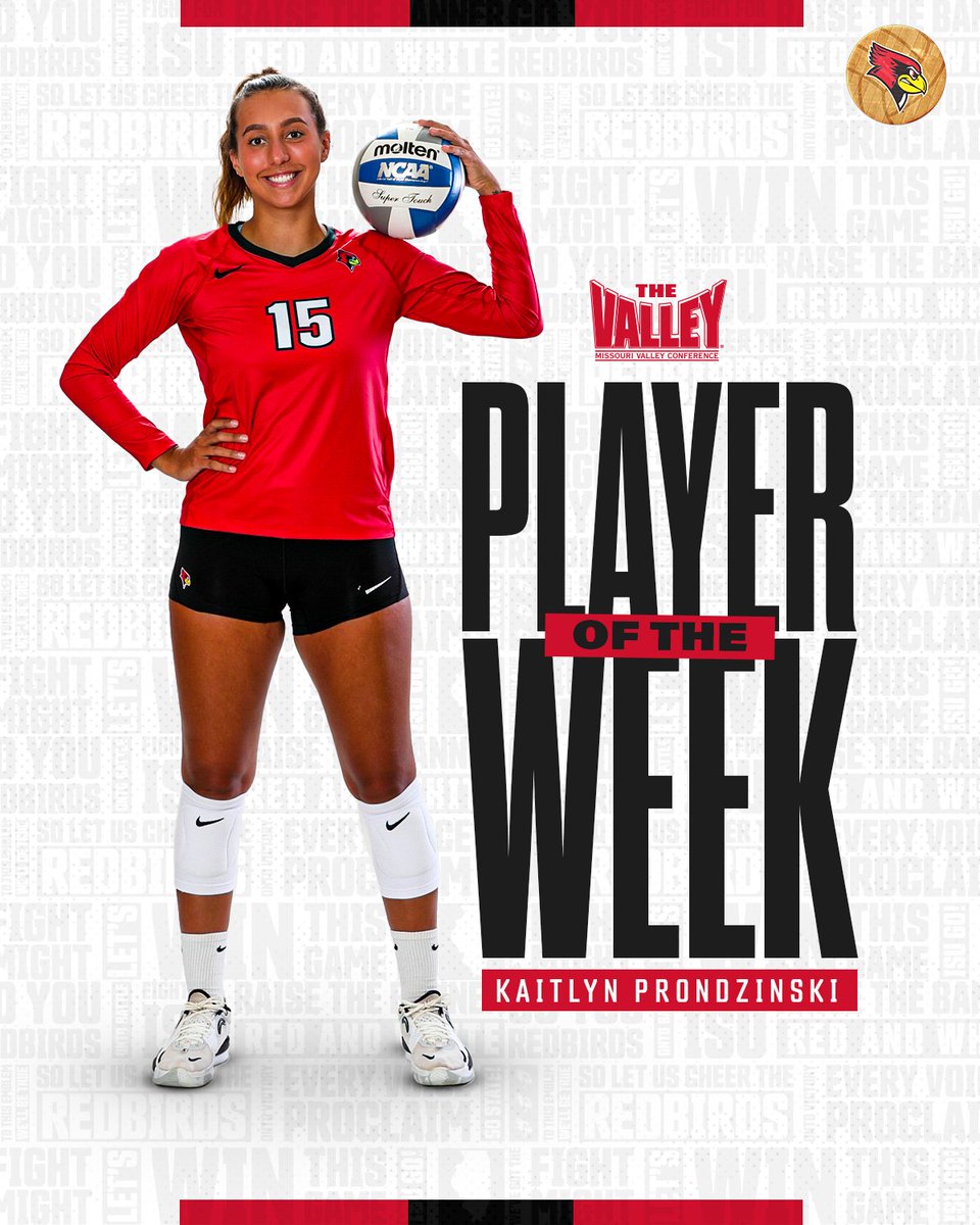 RedbirdVB's tweet photo. ⭐️ 𝐏𝐋𝐀𝐘𝐄𝐑 𝐎𝐅 𝐓𝐇𝐄 𝐖𝐄𝐄𝐊 ⭐️

@kaitprondo has been named MVC Player of the Week after recording 4⃣8⃣ kills on a .407 hitting percentage this weekend! https://t.co/zk43WABy2D