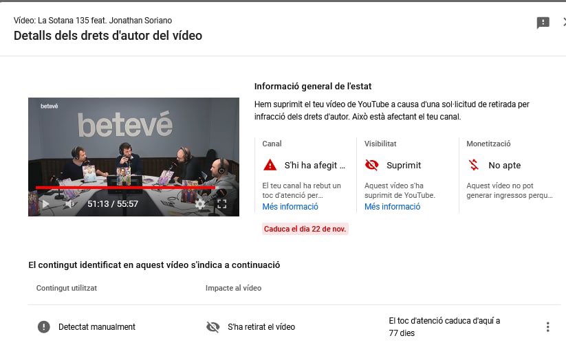 LaSotana_'s tweet photo. Hola, @beteve. Gràcies per denunciar MANUALMENT a YouTube que tenim un vídeo al nostre canal gravat al vostre estudi. Google ens ha fotut un strike. Suposo que era el que volíeu. https://t.co/fPdeIkpLay