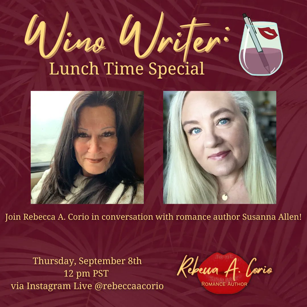Watching the clock for lunchtime like ⌚️ 👀 Mark your calendars because this Thursday at 12 PST is a special lunchtime edition of Wino Writer with romance author @SusannaAWriter! Join via Instagram Live @rebeccaacorio and send your questions in the comments. See ya there!