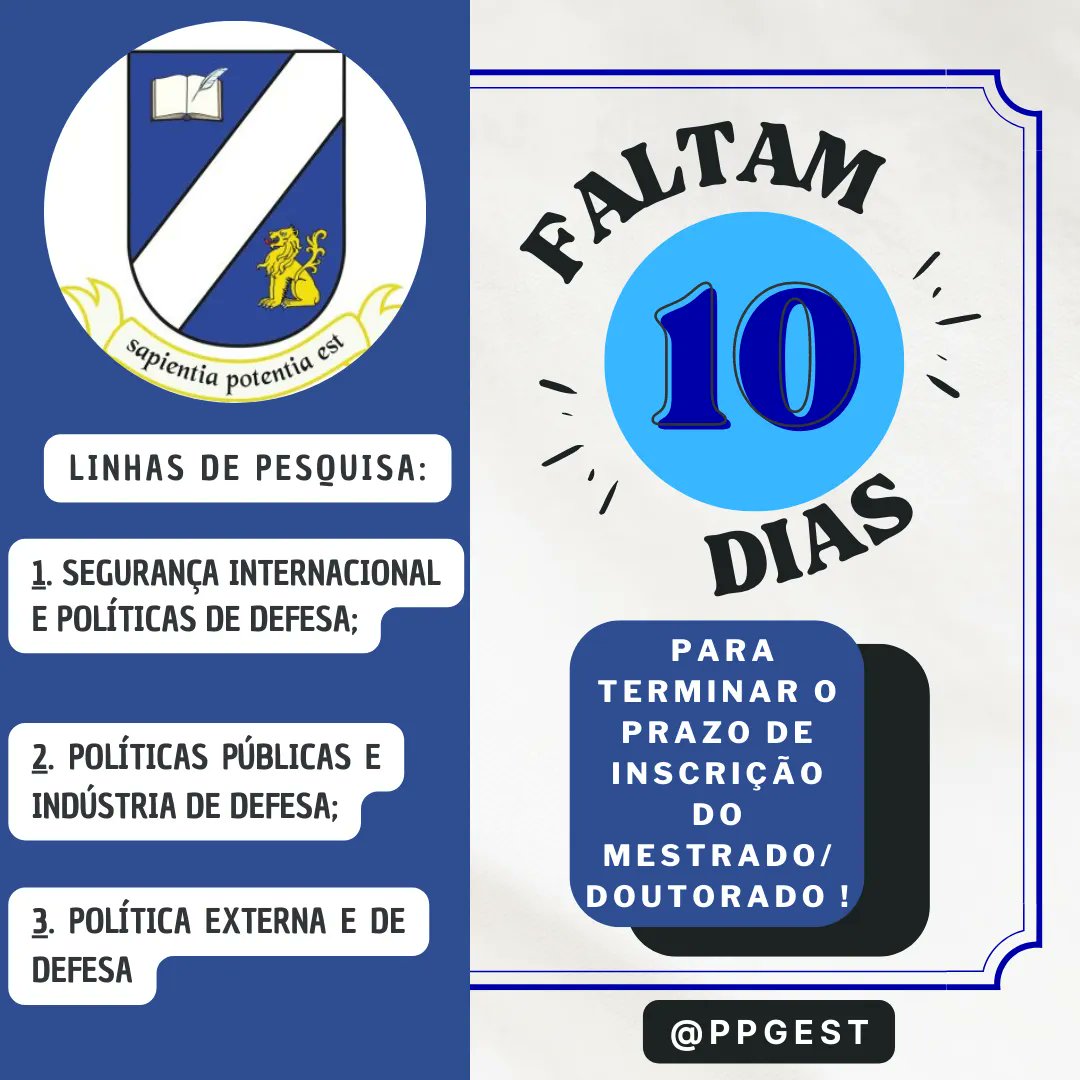 ⏰ FALTAM 10 DIAS ⏰ 

Link para os editais: buff.ly/3Pzf9Wv

Não perca a chance de estudar no 1º Programa de Mestrado e Doutorado em Estudos Estratégicos do Brasil!

#UFF2022 #PPGEST #INEST #processoseletivo #mestrado #doutorado #estudosestraegicos #defesa #seguranca