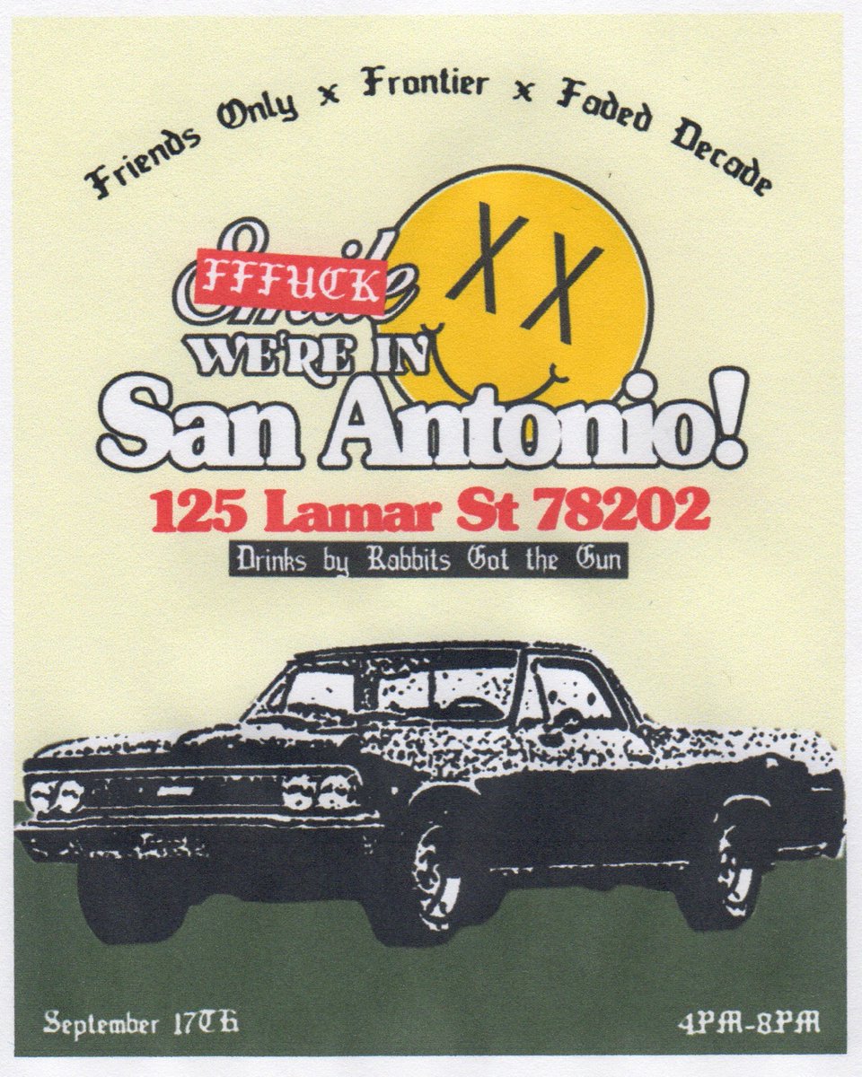 Smile we're in San Antonio! 
an activation with @friendsonlyinc &amp; <a href="/FrontierHtx/">FRONTIER 💫</a> 

live screen printing, giveaways and drinks by Rabbits Got the Gun.. FFFUCK
