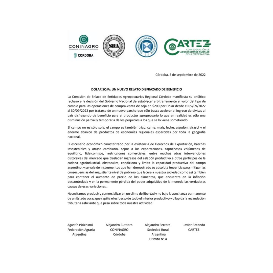 FAFilialCba's tweet photo. La Comisión de Enlace de Entidades Agropecuarias Regional Córdoba manifiesta su enfático rechazo a la decisión del Gobierno Nacional de establecer arbitrariamente el valor del tipo de cambio para las operaciones de compra - venta de soja. Federación Agraria Argentina - Filial Cba https://t.co/1zZlaJ8Xlr