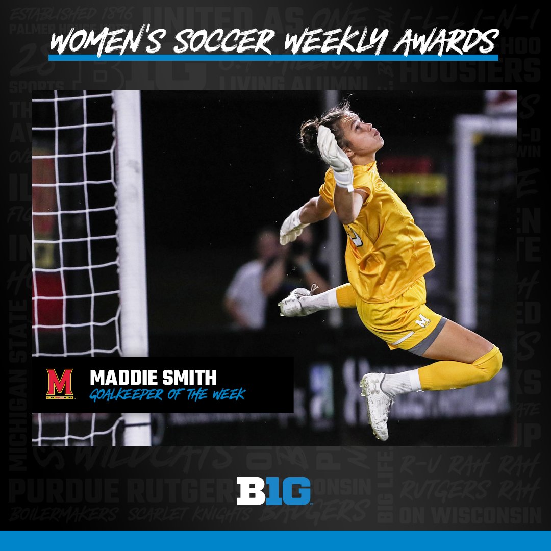 B1GSoccer's tweet photo. ⚽️ WEEKLY AWARDS ⚽️
Maddie Smith of @TerpsWSoccer is the #B1GWSOC Goalkeeper of the Week!
🔹Had career-high 9 of her 10 saves last week in 1-1 tie vs. #17 Georgetown
🔹Picked up first solo shutout in a Terrapin uniform Sunday (3-0 vs. George Mason)
🔗 https://t.co/jQHVWHPuCM https://t.co/614HAroVce