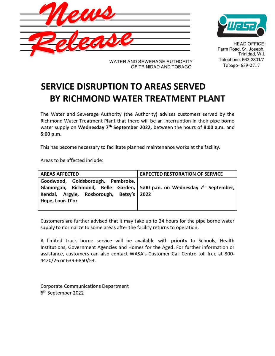 WASA T & T on Twitter "wasapress Service Disruption To Areas Served