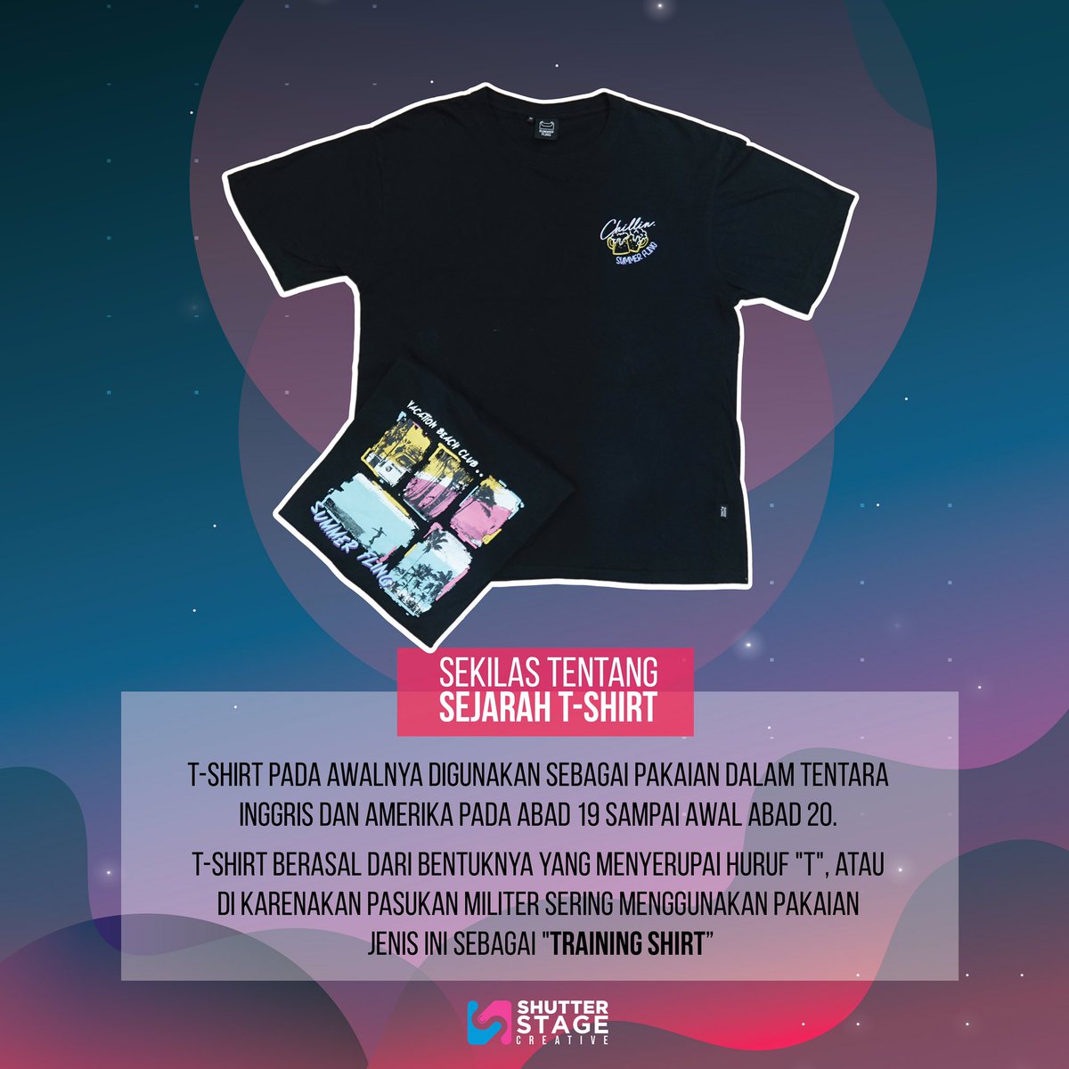 shutterstage's tweet photo. Sekilas sejarah tentang T-Shirt
A Thread
T-Shirt pada awalnya digunakan sebagai dalaman tentara Inggris &amp; Amerika pada abad 19 sampai awal abad 20. T-shirt berasal dari 
bentuknya yang menyerupai huruf "T", atau di karenakan militer menggunakannya sebagai "training shirt". https://t.co/P2arMYeHoy
