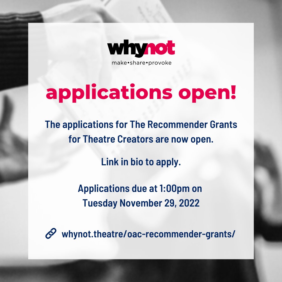 🚨It’s that time of year: we are once again accepting applications for Ontario Arts Council’s Recommender Grants for Theatre Creators!

Application details + FAQ’s: bit.ly/3esU5Ub

#OAC #RGTC #ontarioarts #torontoarts #emergingartists #torontotheatre