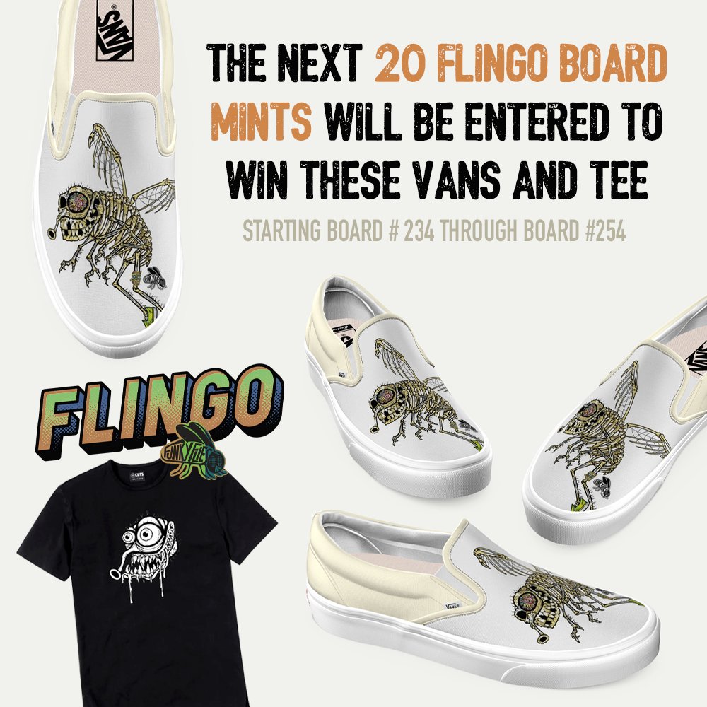 funky_flies's tweet photo. The next 20 #flingo boards minted will be entered into a random drawing to win these BONE FLY @Vans and FFLY T-Shirt!! #LFG #zzz #letsflingo 🔥 NEXT FLINGO GAMES tomorrow @ 9 AM and 9 PM EST!
MINT: https://t.co/OiKdrIZ99L https://t.co/1BQ2zM0bNz