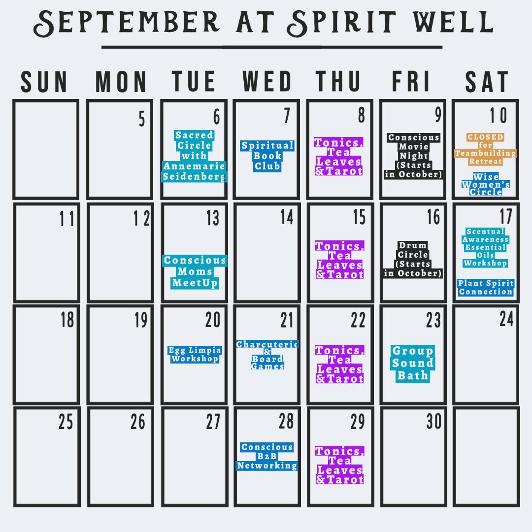 SpiritWellSL's tweet image. September at Spirit Well 🧡✨

We have a packed month of events for you, our conscious community! You can find details via our Facebook events or our events calendar at spiritwellsensorylounge.com/events/

#spiritwell #healthisthenewhigh #stuartfl