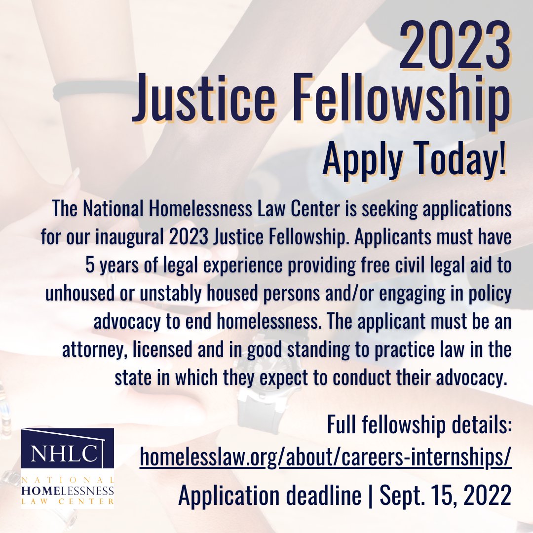 Apply for the 2023 Justice Fellowship today!

Full Fellowship details can be found at:
homelesslaw.org/about/careers-…

#fellowship #law #attorney #endhomelessness