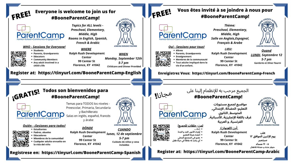 <a href="/ParentCamp/">ParentCamp</a> is heading to <a href="/Boone_Coounty/">Boone County Schools</a> KY next M 9/12 - 5-7 pm. Rooms in 4 languages and for ALL levels! Going to be a great time, lots of learning and relationship building! #BooneParentCamp <a href="/DrJlvw76/">Jenny Watson</a>
<a href="/MikePoiry/">Mike Poiry</a> <a href="/SuptTurner/">Matt Turner</a> <a href="/KyDeptofEd/">KY Dept of Education</a> @KYCommishGlass  <a href="/ksbanews/">Kentucky School Boards Association (KSBA)</a> <a href="/JimDetwiler1/">Dr. Jim Detwiler</a>