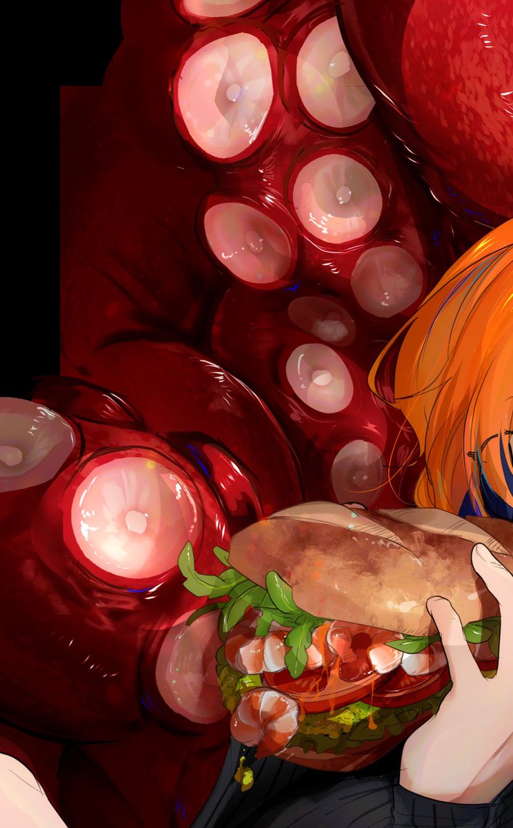 food holding 1girl holding food orange hair black sweater burger  illustration images