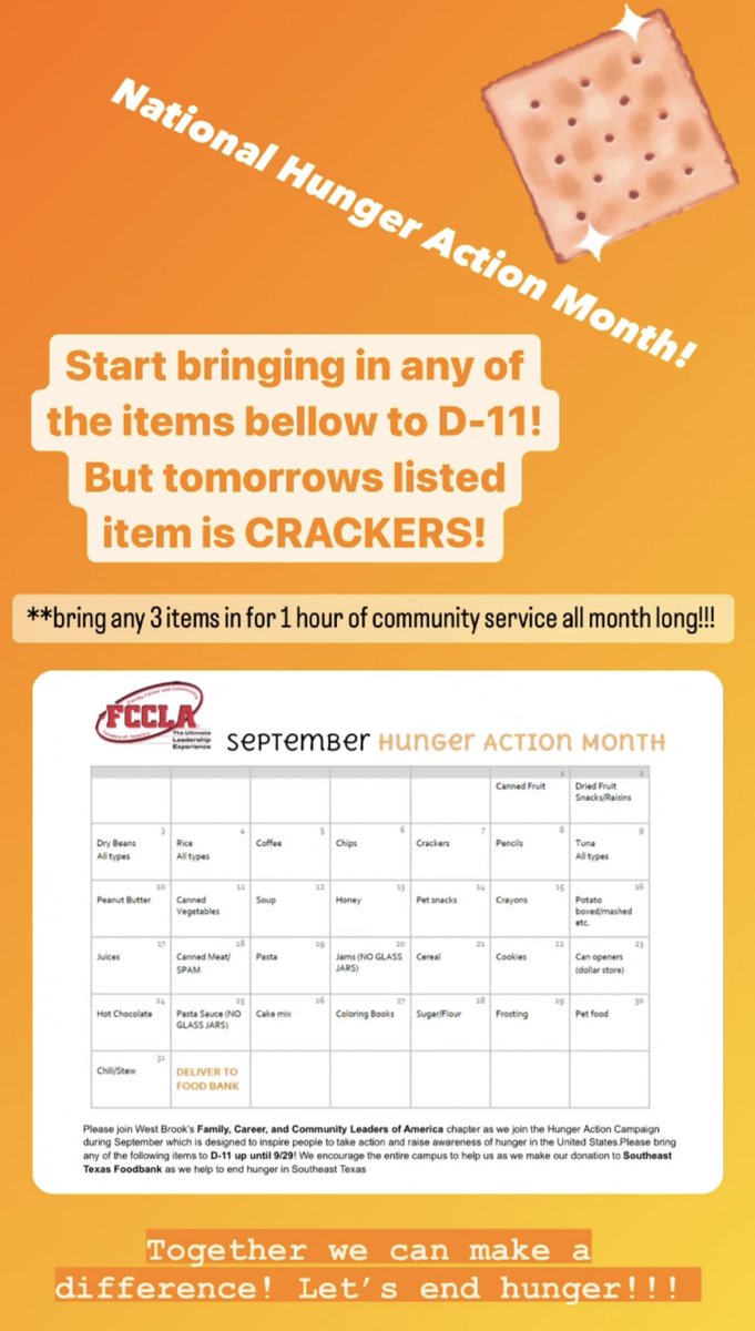 WBHS_FCCLA's tweet photo. @WestBrookHS if you feel called to give &amp; be apart of this challenge please start dropping your items off in D-11! Tomorrows item of the day is CRACKERS!! https://t.co/x0Nrd2xb60