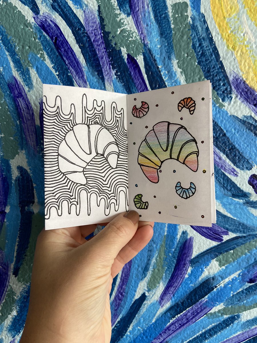 MsGraysArtRoom's tweet photo. The Art I students had to use one object to represent each element of art in their zines. There were so many cool ones but this croissant zine really rocked it! 

#artiscool #ArtistOnTwitter #keepartinschool https://t.co/l6smhZtES9