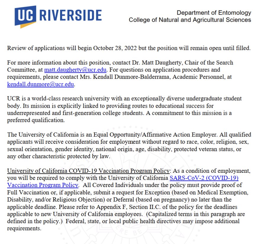 The <a href="/UCRentomology/">UCR Entomology</a> dept. <a href="/UCRiverside/">UC Riverside</a> is hiring an Assistant Professor Of #Extension in #IPM of subtropical fruit #crops. Come work with me in the best #entomology department in the world!  aprecruit.ucr.edu/apply/JPF01605