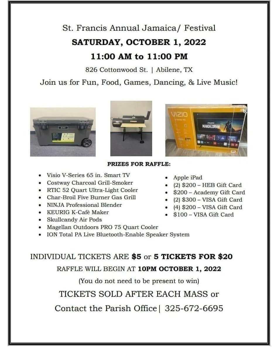 La Voz 93.3 Fm On Twitter: ***Abilene,Tx/St.francis Annual  Jamaica/Festival*** Purchase Your Raffle Tickets By Calling The St. Francis  Of Assisi Catholic Community Parish Office 325.672.6695!  Https://T.co/O9xtgpio3m #Lavoz933 #Morecommunityinvolved ...