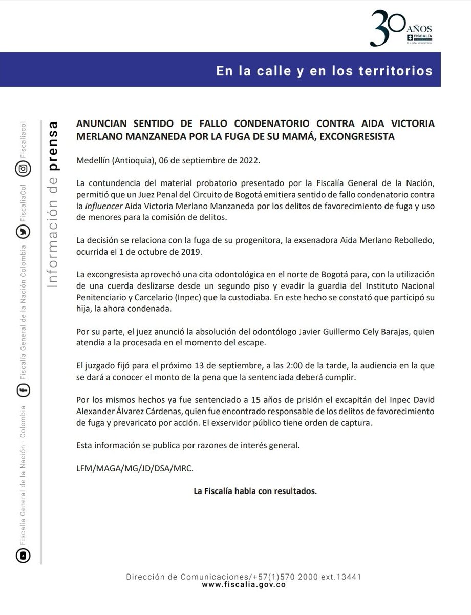 #ATENCIÓN | Anuncian sentido de fallo condenatorio contra Aida Victoria Merlano Manzaneda por la fuga de su mamá, la excongresista Aida Merlano. El juzgado fijó para el próximo 13 de septiembre, a las 2:00 p.m., la audiencia en la que se dará a conocer el monto de la pena.
