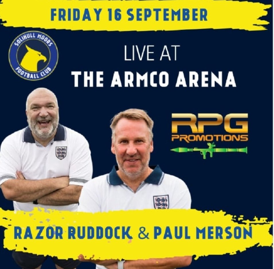 Less than 2 weeks to go til our massive event at the Armco Arena , home of @SolihullMoors - an evening with the legendary duo @RealRazor & @PaulMerse - tickets almost all gone - so get in touch with Paul ASAP for tkts 07785951894 #TeamRPG