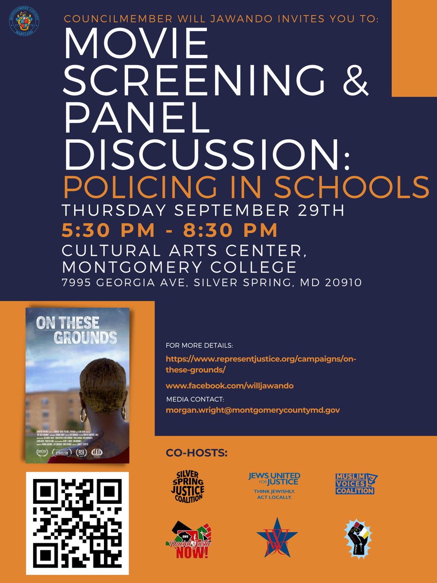 Join us on Sept. 29th for a screening of "On These Grounds" following the screening, I will moderate a panel on the realities of and alternatives to policing in schools. RSVP: fb.me/e/1RLFEy0oM <a href="/mcabrutality/">MoCo Against Brutality</a> <a href="/jufj/">Jews United for Justice</a>
<a href="/SilverCoalition/">Silver Spring Justice Coalition</a> <a href="/mocowdc/">Montgomery County, MD Women's Democratic Club</a> <a href="/RacialJsticeNow/">Racial Justice NOW! 👦🏾👧🏾</a> <a href="/MuslimVoicesUSA/">Muslim Voices Coalition</a>