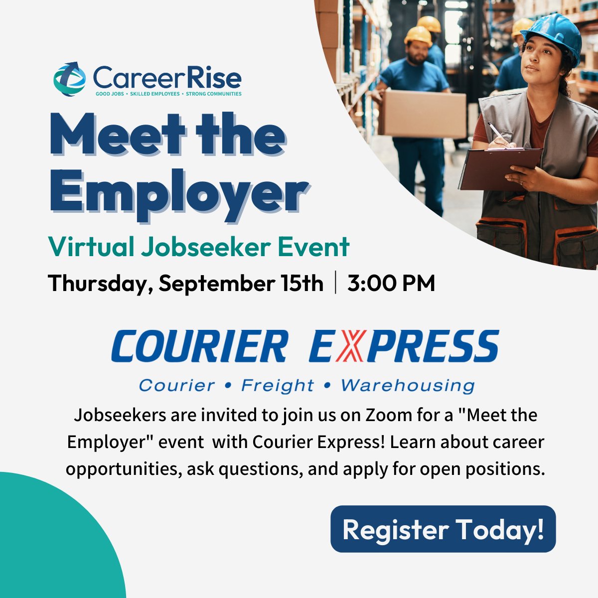 CareerRise is hosting a Meet the Employer virtual jobseeker event with Courier Express, an industry leader in specialized delivery services, on Thursday, Sept. 15th at 3pm! Register today to learn about the great career opportunities they have available. rb.gy/vu6a9i