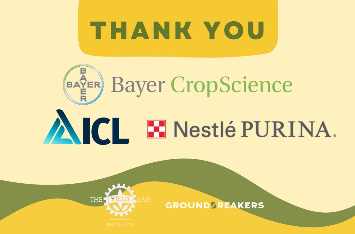 Thank you <a href="/Bayer4Crops/">Bayer | Crop Science</a>, <a href="/ICL_Gro/">ICL Growing Solutions UK & Ireland - Ornamentals</a>, and Nestlé <a href="/Purina/">Purina</a>! 

These leaders in #ag and #food are supporting early stage ag and food #innovators with non-dilutive cash and other valuable support via <a href="/TheYieldLab_I/">Eleanora Terrnet</a>'s GroundBreakers program.

Learn more: buff.ly/3TOUOPy