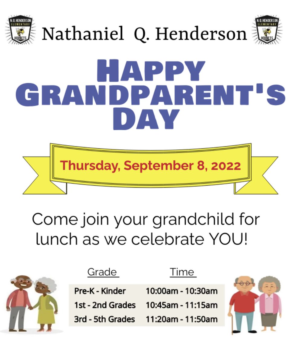 We will be celebrating Grandparent's Day on Thursday, September 8, 2022. We are inviting all Grandparent's to come and eat with your grandchild; you can purchase a lunch tray for $5.00 

<a href="/alvenusfranklin/">Alvenus Franklin</a> <a href="/leigha_curry7/">Leigha Curry</a> <a href="/HoustonISD/">Houston ISD</a>