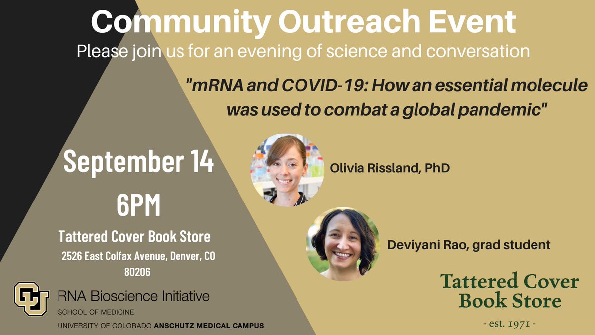 RNA Bioscience Initiative | CU Anschutz (@rnabioco) on Twitter photo Just one week away! Please help us spread the word about this fabulous event designed for the general public – <a href="/CUAnschutz/">CU Anschutz Medical Campus</a> <a href="/AMCWiSTEM/">Women in STEM CU AMC</a> <a href="/CUMedicalSchool/">CU School of Medicine</a> <a href="/9NEWS/">9NEWS Denver</a> <a href="/GovofCO/">Governor Jared Polis</a>.
For more information bit.ly/3REa67Z Just one week away! Please help us spread the word about this fabulous event designed for the general public – <a href="/CUAnschutz/">CU Anschutz Medical Campus</a> <a href="/AMCWiSTEM/">Women in STEM CU AMC</a> <a href="/CUMedicalSchool/">CU School of Medicine</a> <a href="/9NEWS/">9NEWS Denver</a> <a href="/GovofCO/">Governor Jared Polis</a>.
For more information bit.ly/3REa67Z