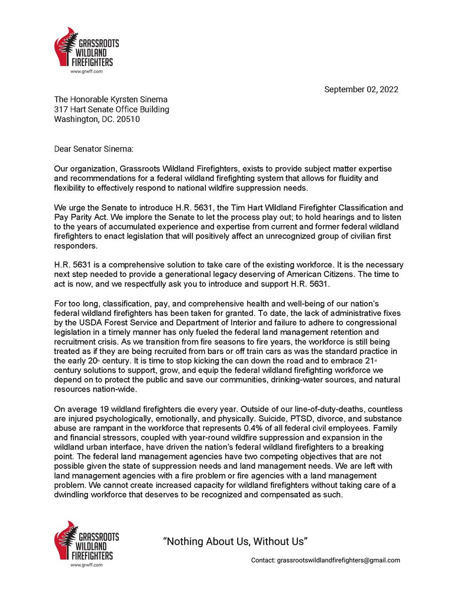 GrassrootsWFF's tweet photo. Today, Grassroots Wildland Firefighters  is calling on the chairwoman of @HSGAC subcommittee of Government Operations &amp; Border Management to introduce #TimsAct in the Senate. @SenatorSinema on behalf of federal wildland firefighters we urge you to stop delaying and act now! https://t.co/uNZcrpxsrF