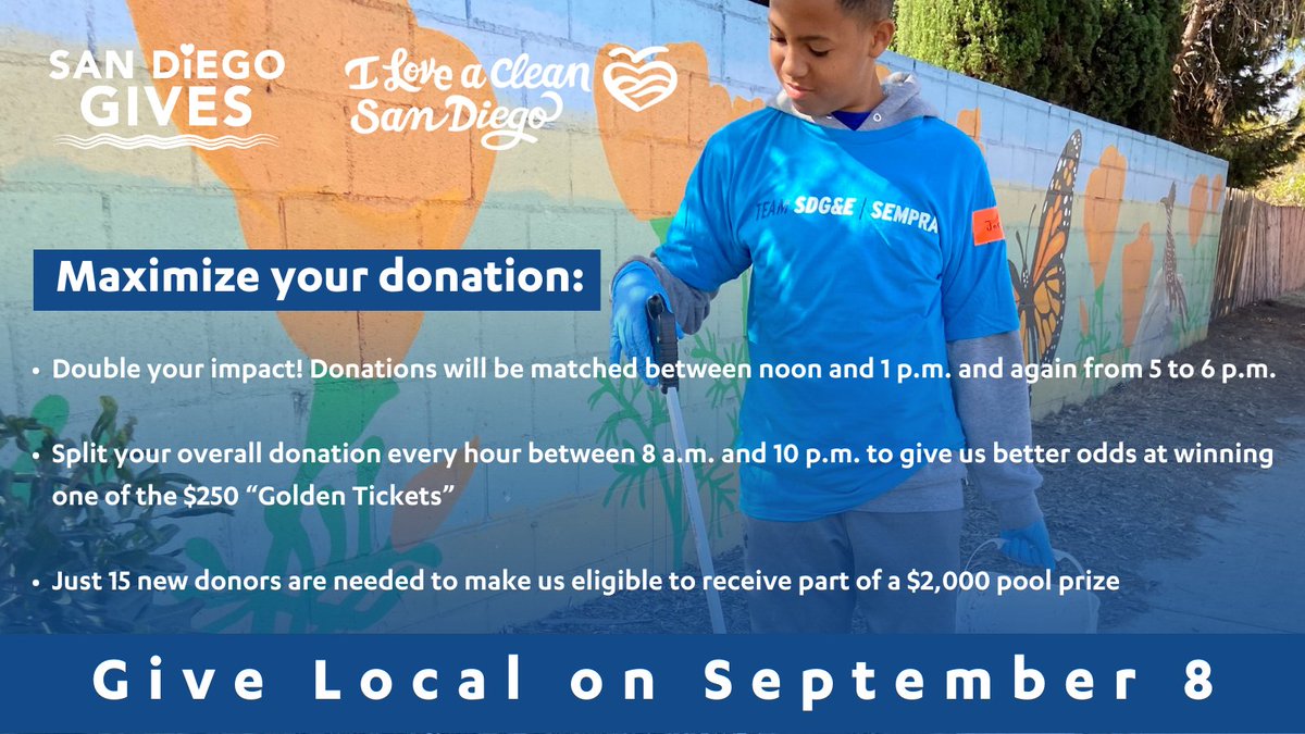 iloveacleansd's tweet photo. Mark your calendars! 📅 Support our mission by making a donation on Sept. 8 for @SanDiegoGives. #SDGives is a day dedicated to giving locally to San Diego #nonprofits like us. Donate here: 
https://t.co/VMKiLb1YyK

#SanDiego #SanDiegoGives #IloveACleanSD https://t.co/qTMxSYwB19