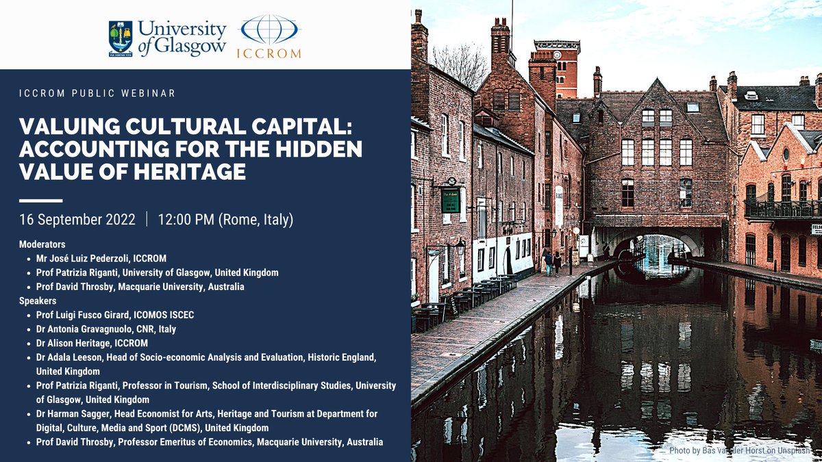 📣ICCROM is conducting new research on economic valuation methods used to support investment decisions for heritage. Join the webinar 📹 on “Valuing Cultural Capital: Accounting for the hidden value of heritage” to learn more! Register here👉 bit.ly/3x2aOUN