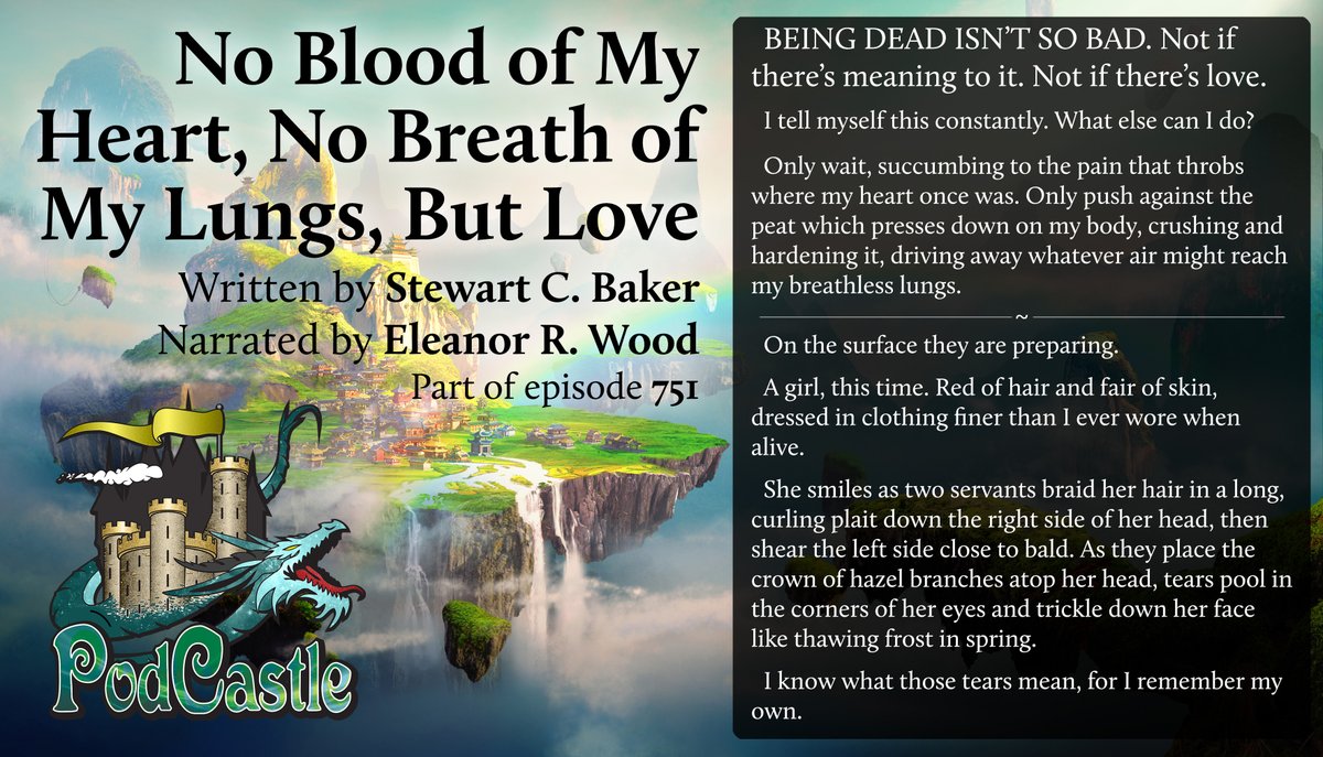 PodCastle_org's tweet photo. @LGEccles @DaveRobisonTN #pc751 NO BLOOD OF MY HEART, NO BREATH OF MY LUNGS, BUT LOVE by @stewartcbaker, narrated by @erwrites. Previously published in @lamplightmag.
Content note for themes of human sacrifice. https://t.co/kHVJOh9wrn