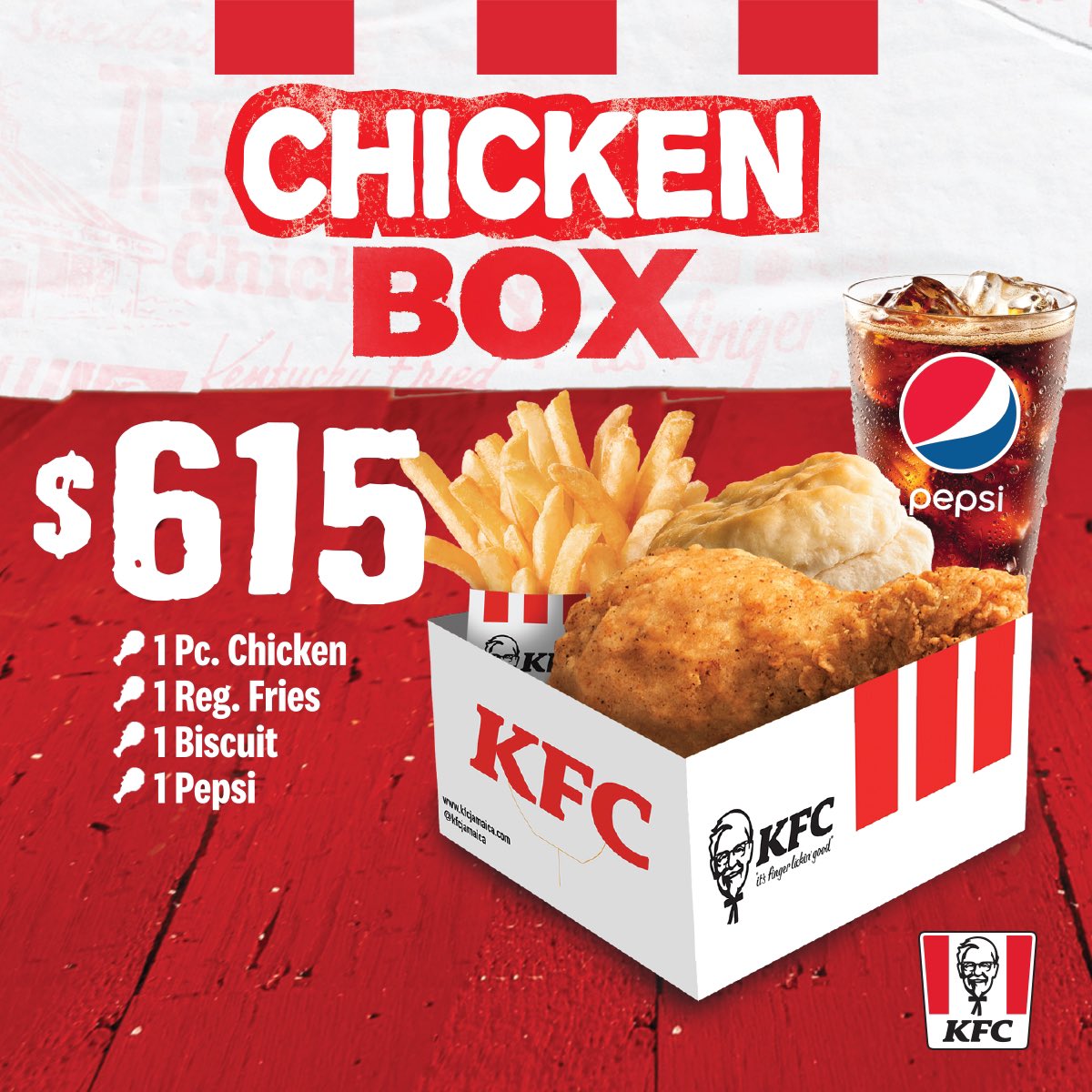 kfcjamaica's tweet photo. Want to enjoy lunch on a budget? Grab a KFC Chicken Box combo! 😋🍗
A piece of delicious chicken, fries, biscuit and Pepsi for just $615!
#KFC #KFCJamaica #ChickenBox #ChickenBoxCombo #KFCLunchtime #LunchDeal https://t.co/vdIJZRMATl