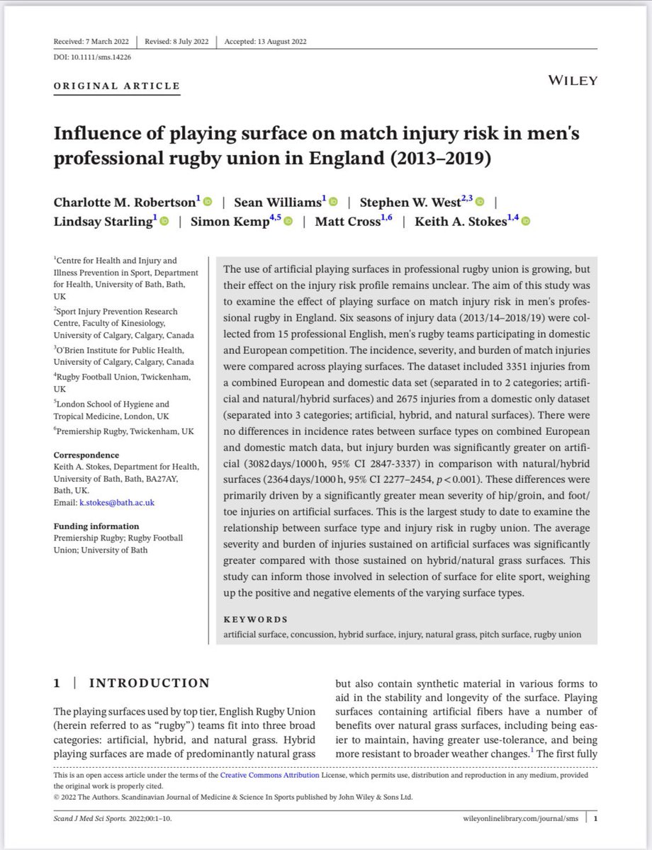 Influence of playing surface on match injury risk in men’s professional rugby union in England 🏉 

onlinelibrary.wiley.com/doi/10.1111/sm…