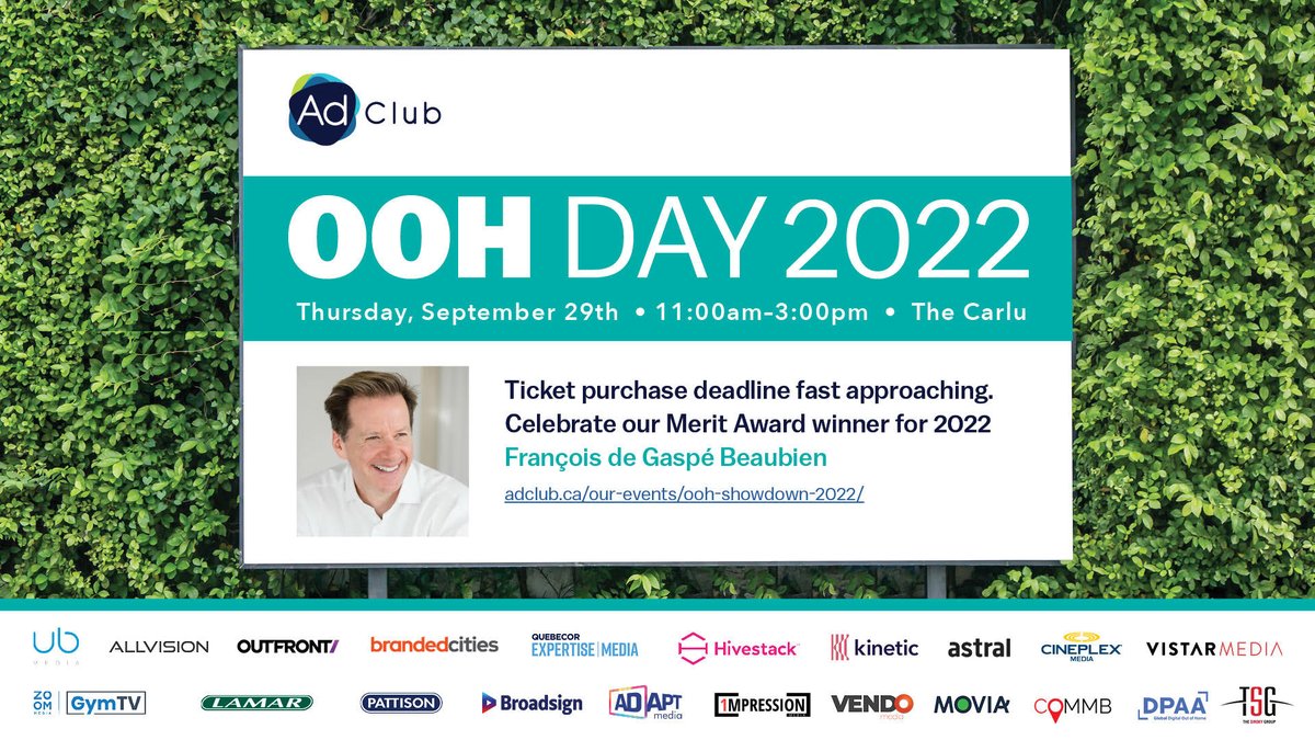 The deadline to purchase tickets for AdClub of Toronto's 2022 OOH Showdown is approaching fast! Get your tickets now and see OOH Media agencies and vendors enter their best campaigns to compete for multiple award categories. 

Purchase your tickets now: ow.ly/8JFV50KBw0i