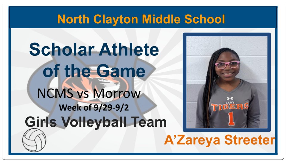Coach Nina Shannon (@ninasha88772360) on Twitter photo Congratulations NCMS Volleyball Player of Week <a href="/NCMS_SPORTS/">North Clayton Middle Athletics</a> @NCMSTigers <a href="/ccpsathletics1/">CCPS Athletics</a> Congratulations NCMS Volleyball Player of Week <a href="/NCMS_SPORTS/">North Clayton Middle Athletics</a> @NCMSTigers <a href="/ccpsathletics1/">CCPS Athletics</a>