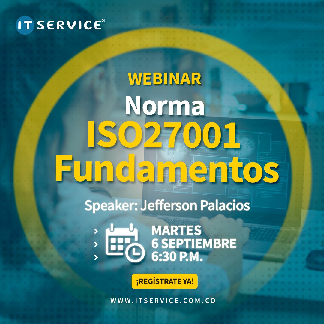 itservice_co's tweet photo. ¿Conoces de #ISO27001?, asiste a nuestro #webinar gratis y conoce como te ayuda a mejorar la gestión de #proyectos. ⚡️✅ 
➡️ Reserva tu cupo aquí: https://t.co/2Fasvqx722 

#AprendeConITService #ITService  #BlockchainCertification #Cryptocurrency #Bitcoin  #Blockchain  #bitcoin https://t.co/ef1mchnxI0