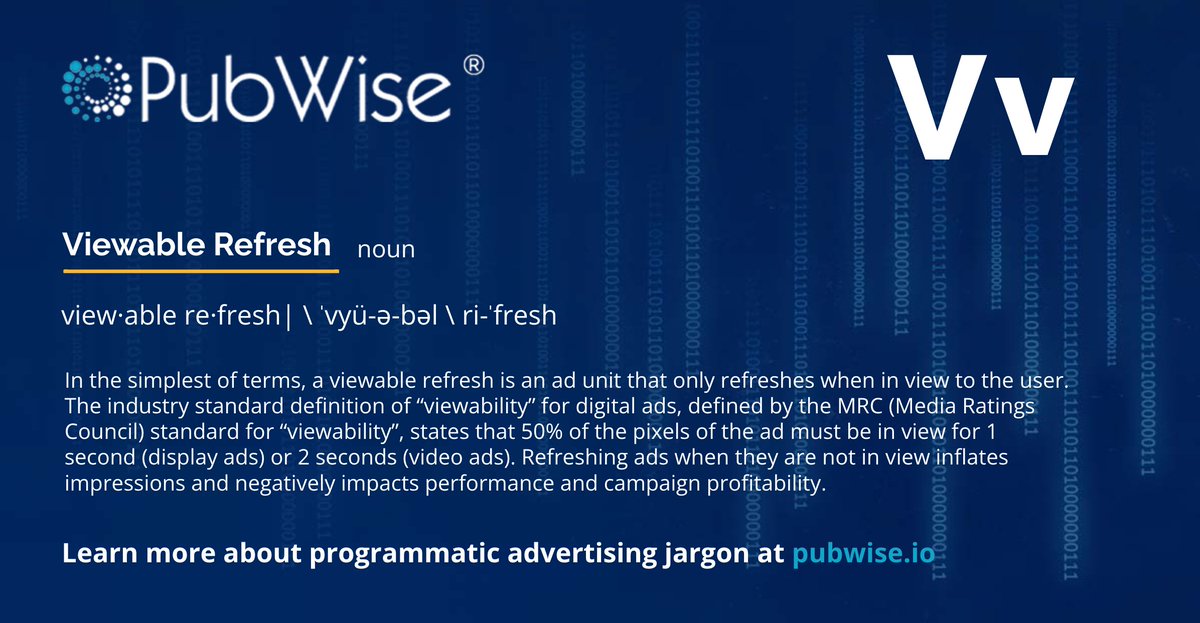 pubwiseio's tweet image. Today's word-of-the-day is Viewable Refresh. When implemented correctly on a site, your ad refreshes can lead to an increase in ad unit performance and revenue. Visit our #adtech glossary page to learn more: hubs.li/Q01lH0g40
#viewablerefresh #adrefresh #adunits #CPM