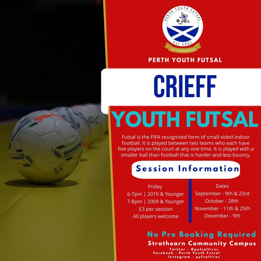 ⚽️FUTSAL IN CRIEFF⚽️

Futsal restarts in Crieff this Friday evening, all players are welcome to come along regardless of previous futsal experience. 

This weeks session is FREE for all players so why not come along and see what futsal is all about!!