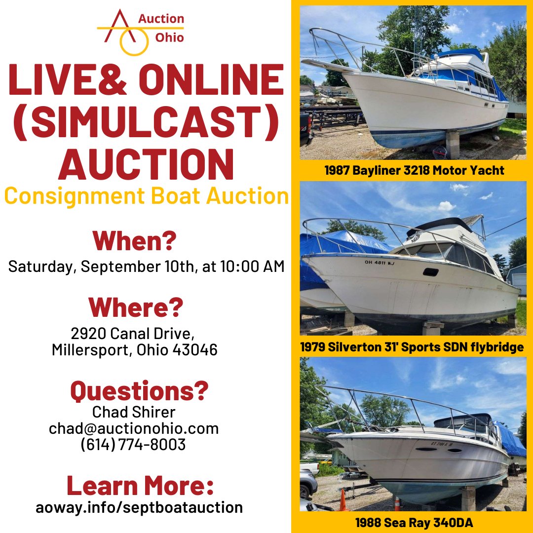 Nothing beats the heat better than getting the boat on a lake with friends! 
Join us on Saturday, September 10th at 10:00 AM for a Live &amp; Online (Simulcast) Auction where we will be auctioning off these beautiful boats!!! 
Visit aoway.info/septboatauction to browse and #BidNow