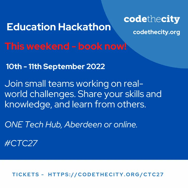 codethecity's tweet image. This weekend! It's the last chance to get your ticket to our #Education #Hackathon.
It's your opportunity to contribute to social projects and develop your own skills.
Book now buff.ly/3PUIev2
#opendata #datascience #publicgood #skillsdevelopment #coding #givingback