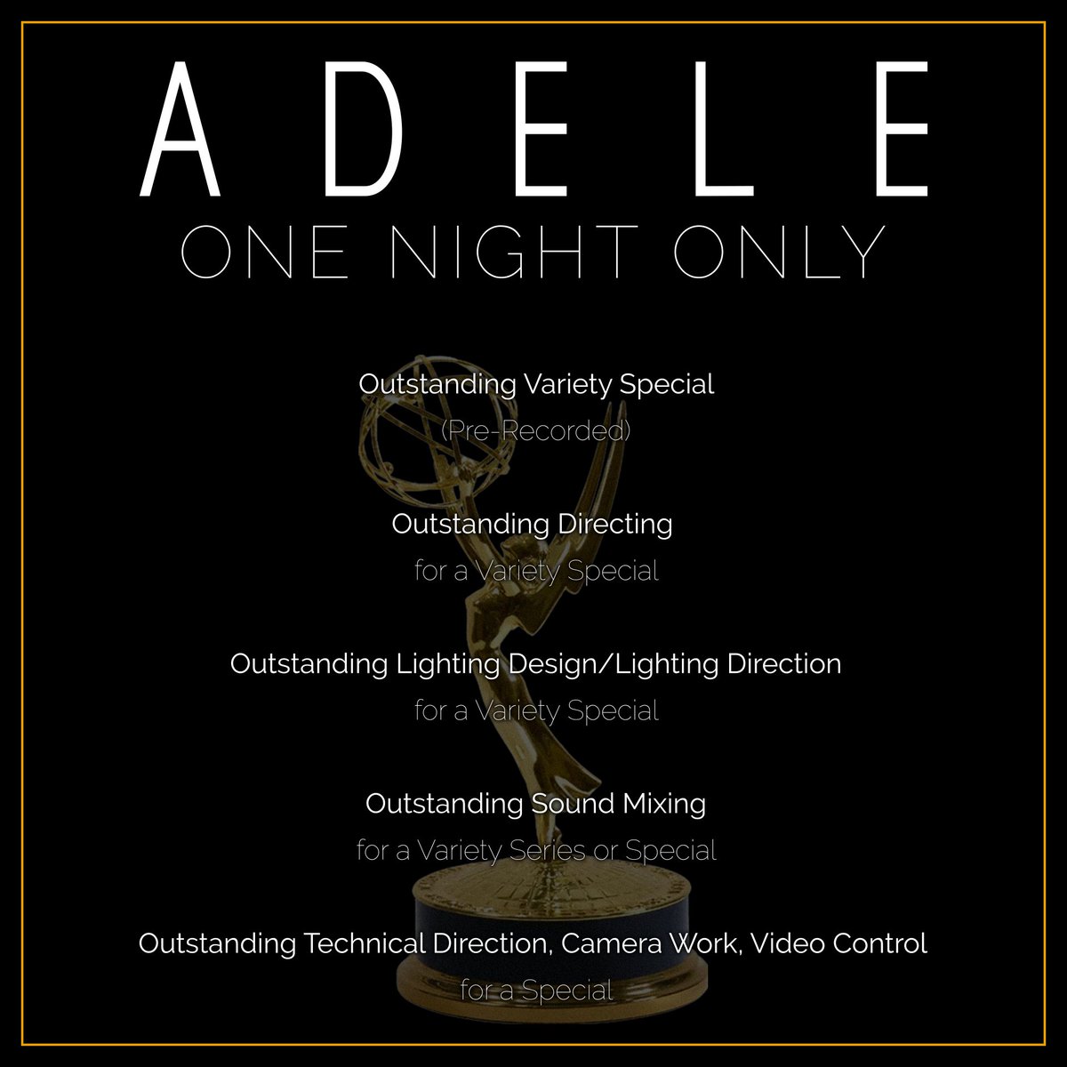 AdeleAccess's tweet image. Join us in congratulating @Adele and the team behind the 5-time Emmy-winning special ADELE: One Night Only 👏