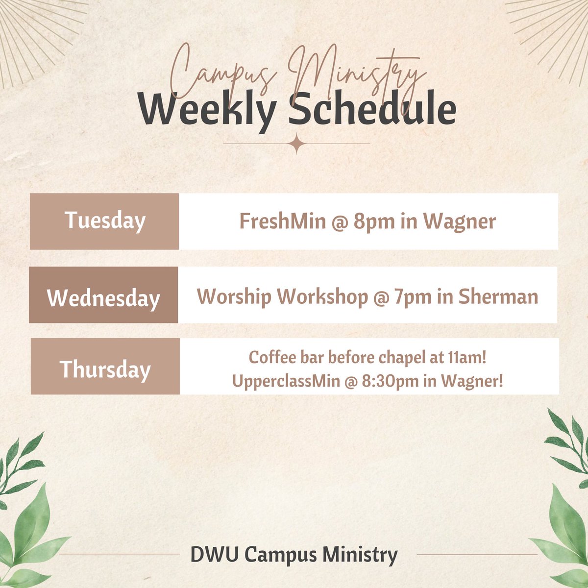 dwucampmin's tweet photo. Check out what we have going on this week! There will be a coffee bar before chapel on Thursday (for real this time)!! 

*notice time change for Upperclassmin! * https://t.co/mKMDUXe1gD