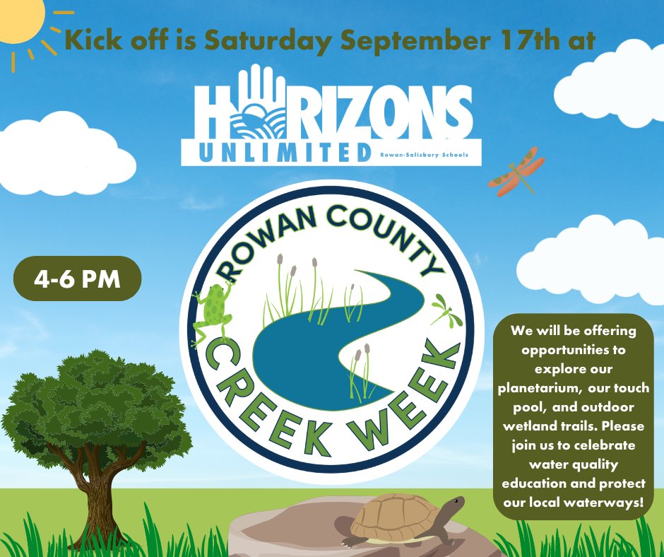 Mark your calendar for September 17 from 4:00-6:00 PM as we host the kickoff event for the 4th annual Rowan County Creek Week. Please join us to celebrate water quality education and protect our local waterways! This event is FREE and open to all ages.