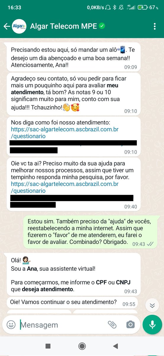 recirilo's tweet photo. Aqui o pedido insistente de preenchimento de pesquisa de satisfação. Quando respondo, zera a conversa kkk https://t.co/JWvTSj3GRy