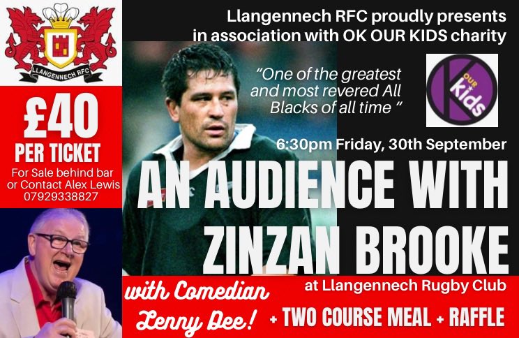 RFCLlangennech's tweet photo. 🚨REMINDER!🚨
🎤GUEST SPEAKER EVENING🍻🍴
Llangennech RFC proudly presents…
🏉An Evening with All Blacks legend ZINZAN BROOKE!⚫️
🤣 Followed by the hilarious Lenny Dee!
🗓 Friday 30th September
🎟 Llimited tickets left! For sale behind clubhouse bar!
#NZLegend
⚫️🔴⚪️ https://t.co/dfaDjmyxWZ