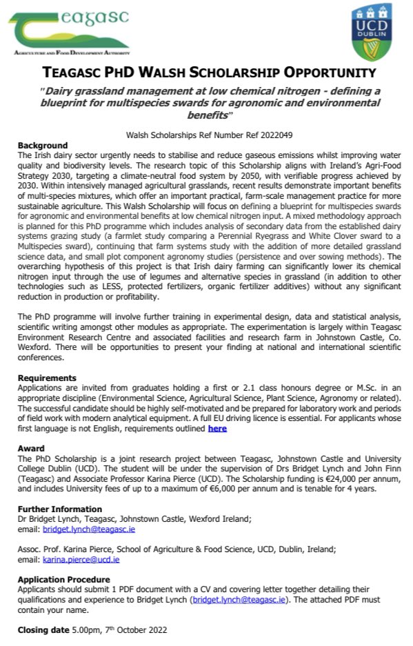 lyBRIDGET's tweet photo. 📢📢📢 PhD opportunity 📢📢📢

Dairy grassland management at low chemical nitrogen - defining a blueprint for multispecies swards for agronomic and environmental benefits. Closing date: 07 October 2022 https://t.co/sV9Gms74zR